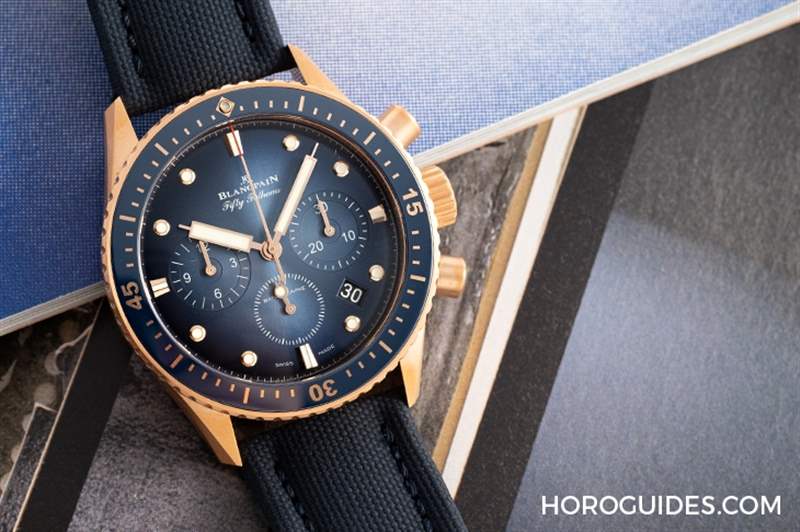 18K紅金藍(lán)面、23級(jí)鈦灰面，Blancpain五十噚深潛器飛返計(jì)時(shí)碼表兩款延伸新作-復(fù)刻表