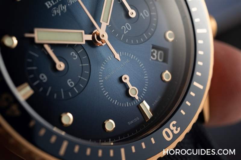 18K紅金藍(lán)面、23級(jí)鈦灰面，Blancpain五十噚深潛器飛返計(jì)時(shí)碼表兩款延伸新作-復(fù)刻表