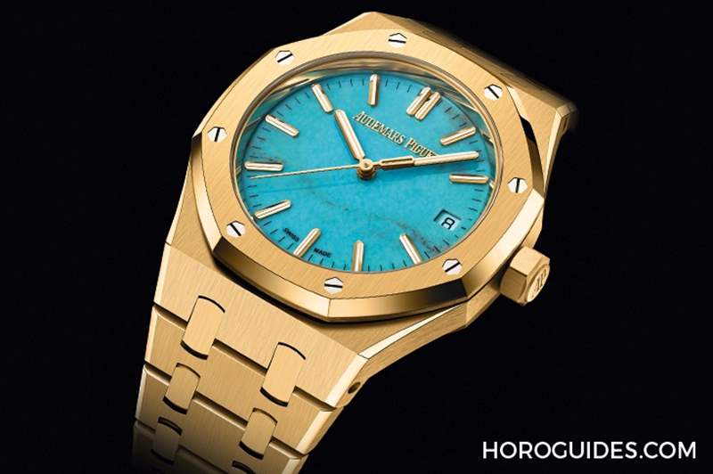 愛彼Royal Oak皇家橡樹自動(dòng)上鏈腕表，黃金表殼搭配天然綠松石表面-復(fù)刻表