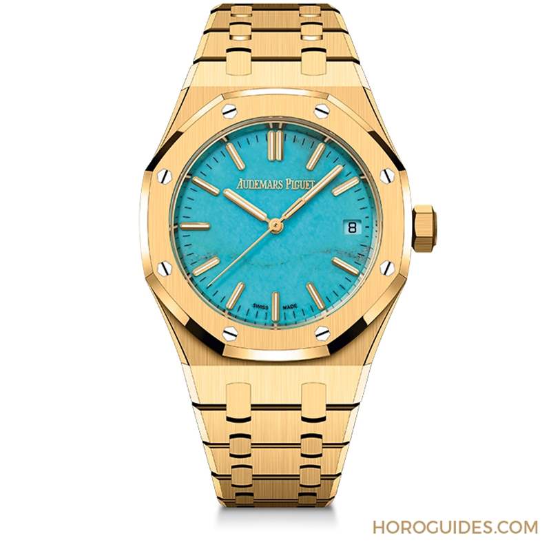 愛彼Royal Oak皇家橡樹自動(dòng)上鏈腕表，黃金表殼搭配天然綠松石表面-復(fù)刻表