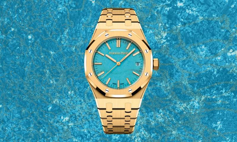 愛彼Royal Oak皇家橡樹自動(dòng)上鏈腕表，黃金表殼搭配天然綠松石表面-復(fù)刻表