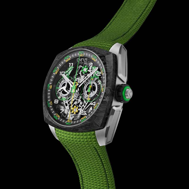 除了鈦金屬錶鍊款式,還配有綠色Cordura織物錶帶款式(圖片來源:CYRUS) 瑞士表廠CYRUS特立獨(dú)行新作大玩復(fù)雜功能可同步測量兩個(gè)時(shí)段-復(fù)刻表